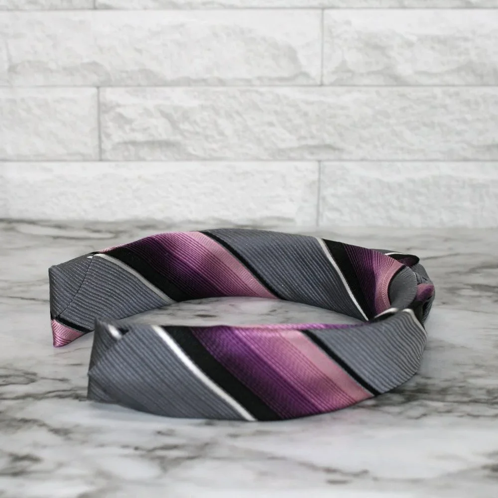 HAND CRAFTED Purple Gray Knotted Headband Stripe Necktie Hair Accessory